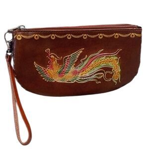 Vintage 70s Tooled Phoenix Rising Wristlet Bag Clutch